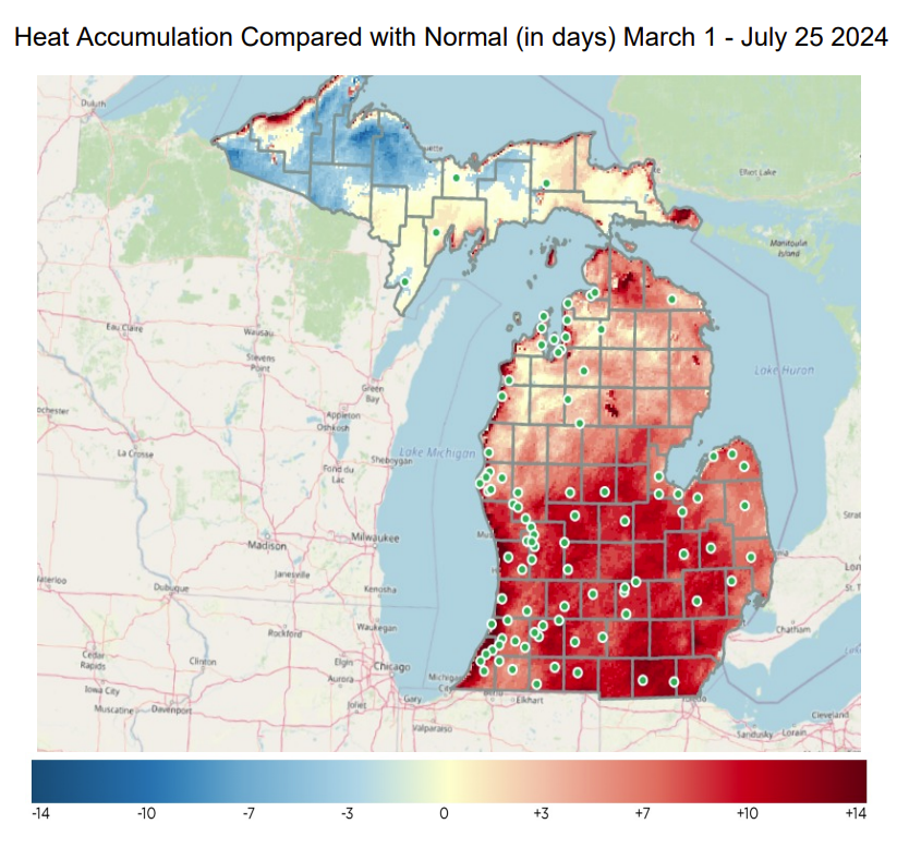 Map of Michigan showing heat accumulations by region.